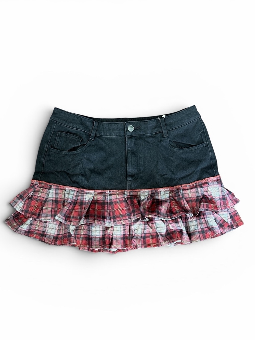 HALARA Black Mini Skirt with Red Plaid Ruffle Trim Size Large